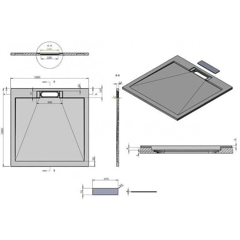 Душевой поддон из искусственного камня Esbano Luxe ESP-LX100B 100x100 ESPLX 100B Черный матовый