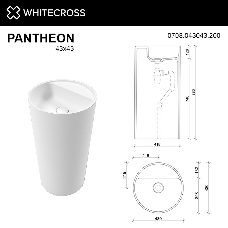 Раковина Whitecross Pantheon 43 0708.043043.200 Белая матовая искусственный камень (литьевой мрамор) напольный