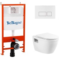 Комплект унитаза с инсталляцией BelBagno Loto BB070CHR/SC/BB026/BB042BL с сиденьем Микролифт и Белой глянцевой клавишей смыва фаянс подвесной
