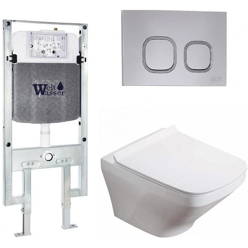 Комплект унитаза с инсталляцией WeltWasser AMBERG 497 ST + HOFBACH 041 GL-WT + AMBERG RD-CR 10000011653 цвет Белый глянцевый с сиденьем Микролифт и клавишей смыва цвет Хром