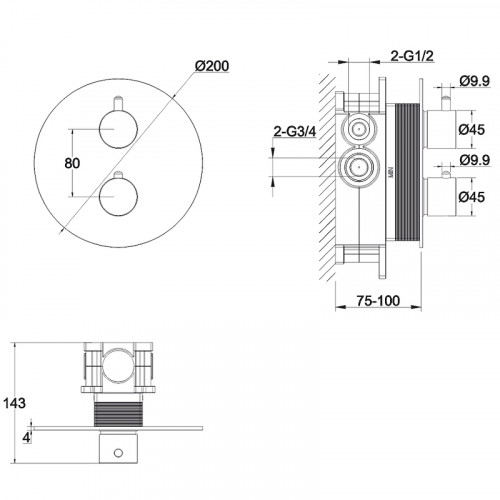 Смеситель для душа Whitecross Y brushed nickel Y1236NIB с термостатом Брашированный никель латунь встраиваемый