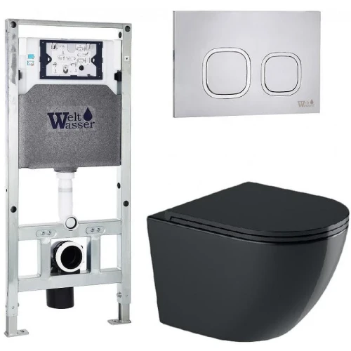 Комплект унитаза с инсталляцией WeltWasser AMBERG 506 ST + MERZBACH 043 GL-BL + AMBERG RD-MT CR 10000012193 цвет Черный глянцевый с сиденьем Микролифт и клавишей смыва цвет Хром матовый