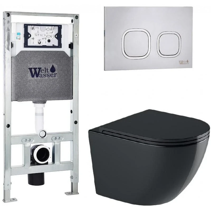 Комплект унитаза с инсталляцией WeltWasser AMBERG 506 ST + MERZBACH 043 GL-BL + AMBERG RD-MT CR 10000012193 цвет Черный глянцевый с сиденьем Микролифт и клавишей смыва цвет Хром матовый