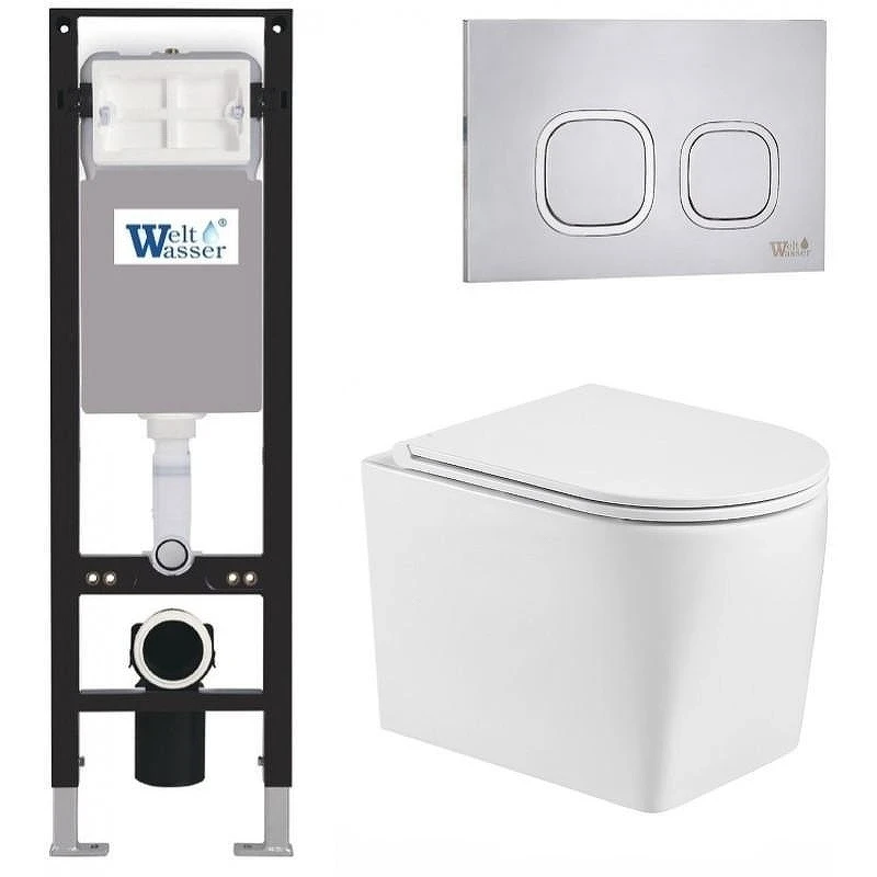 Комплект унитаза с инсталляцией WeltWasser AMBERG 350 + NESENBACH 004 GL-WT + AMBERG RD-MT CR 10000012396 цвет Белый глянцевый с сиденьем Микролифт и клавишей смыва цвет Хром матовый