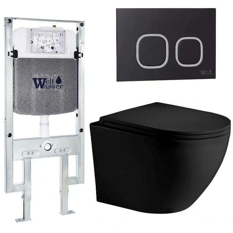 Комплект унитаза с инсталляцией WeltWasser AMBERG 497 ST + MERZBACH 043 XL MT-BL + AMBERG RD-BL 10000014112 цвет Черный матовый с сиденьем Микролифт и клавишей смыва цвет Черный