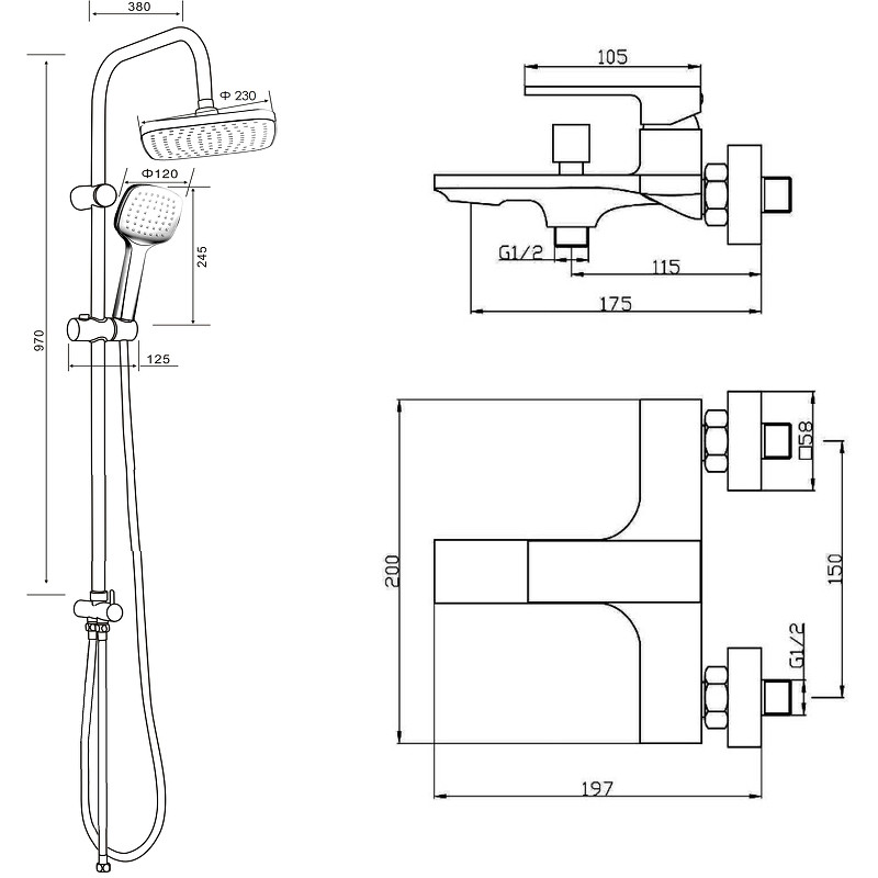 Душевая система Orange M04-944b Черная латунь на стену