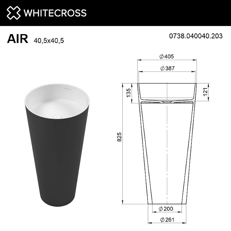 Раковина Whitecross Air 41 0738.040040.203 Черная Белая матовая искусственный камень (литьевой мрамор) напольный