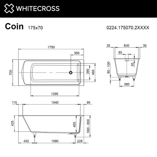 Ванна из искусственного камня Whitecross Coin 175х70 0224.175070.2XXXX цвет RAL матовый