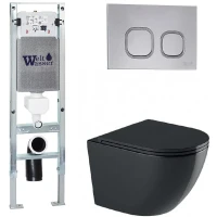 Комплект унитаза с инсталляцией WeltWasser AMBERG 350 ST + MERZBACH 043 GL-BL + AMBERG RD-CR 10000012172 цвет Черный глянцевый с сиденьем Микролифт и клавишей смыва цвет Хром