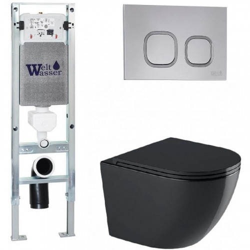 Комплект унитаза с инсталляцией WeltWasser AMBERG 350 ST + MERZBACH 043 GL-BL + AMBERG RD-CR 10000012172 цвет Черный глянцевый с сиденьем Микролифт и клавишей смыва цвет Хром
