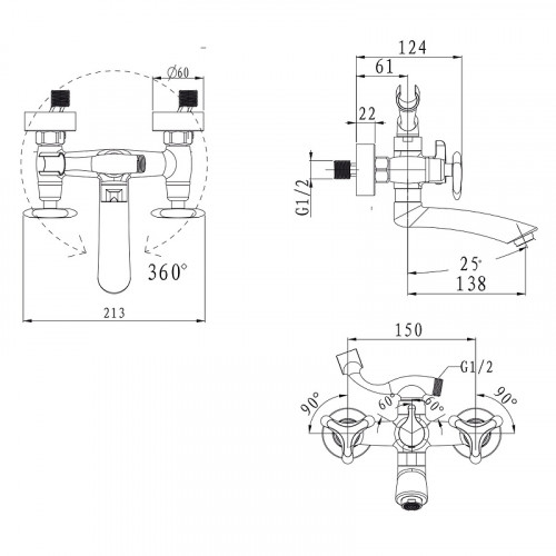 Смеситель для ванны Kaiser Trio 57122 Хром латунь на стену