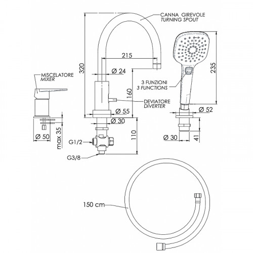 Смеситель на борт ванны Remer Dream D078CP Хром латунь