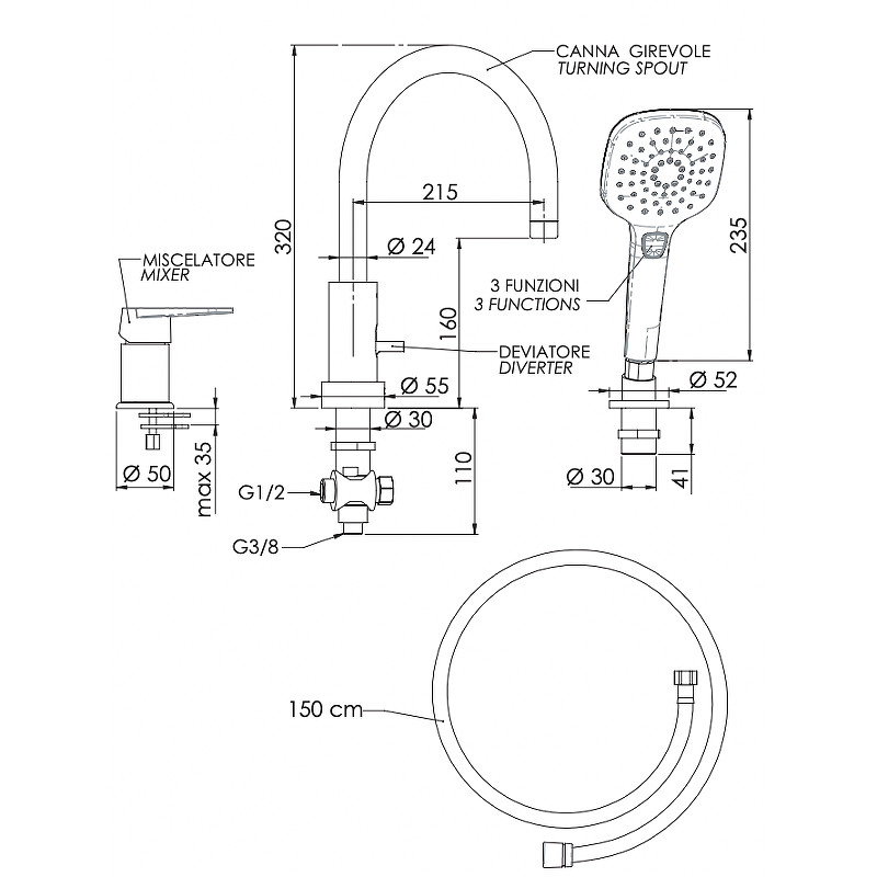 Смеситель на борт ванны Remer Dream D078CP Хром латунь