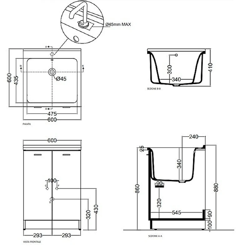 Тумба с хозяйственной раковиной Kerasan Aquadom 60 9165k3*0 Белая без отверстия под смеситель МДФ / ЛДСП