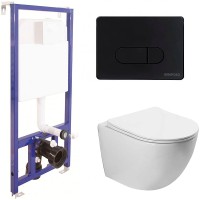 Комплект унитаза Vincea Globo VT1-14S с инсталляцией Berges Novum D5 040235 с сиденьем Микролифт и Черной матовой клавишей смыва фарфор подвесной