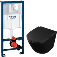 Комплект унитаза Owl 1975 Vind Cirkel-H OWLT190305 с инсталляцией Grohe Rapid SL 38721001 с сиденьем Микролифт и клавишей смыва Хром фарфор подвесной