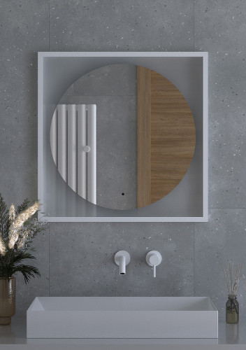 Зеркало Defesto Eclipce 70х70 DF 2237R с подсветкой 15W-3000К/в багетной раме/ИК - выключатель/Теплый белый свет/Белая рама