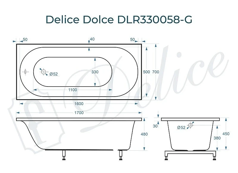 Ванна из искусственного камня Delice Dolce 170х70 DLR330058-G цвет Белый глянцевый
