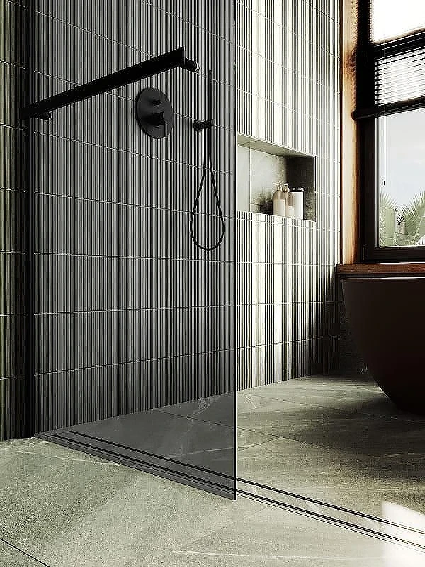 Душевая перегородка Maybah Glass MGD-717-6ш 1190х1950 в широком профиле с полотенцедержателем Черный стекло графитовое