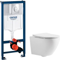 Комплект унитаза CeramaLux 2197 с инсталляцией Grohe Rapid SL 38721001 с сиденьем Микролифт и клавишей смыва Хром фаянс подвесной