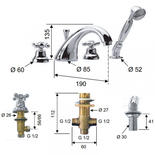 Смеситель на борт ванны Remer Liberty 06LI Хром латунь