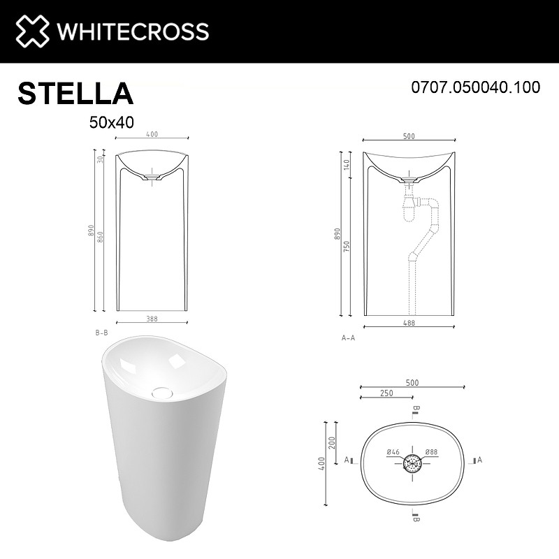 Раковина Whitecross Stella 50 0707.050040.100 Белая глянцевая искусственный камень (литьевой мрамор) напольный