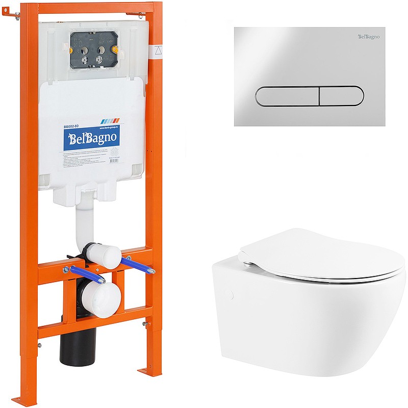 Комплект унитаза с инсталляцией BelBagno Prospero BB507B/BB2020SC/BB002-80/BB005-PR-CHROME с сиденьем Микролифт и клавишей смыва Хром глянцевый фаянс подвесной