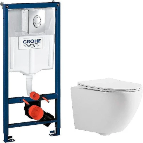 Унитаз с инсталляцией CeramaLux 2197 + Grohe Rapid SL 38721001 с сиденьем Микролифт и клавишей смыва Хром