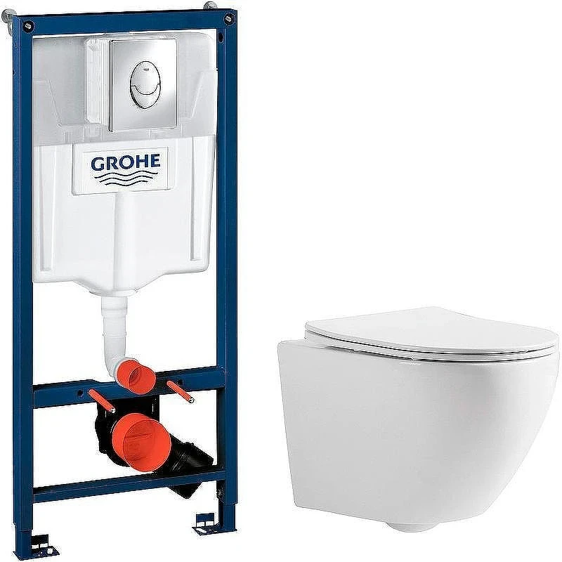 Унитаз с инсталляцией CeramaLux 2197 + Grohe Rapid SL 38721001 с сиденьем Микролифт и клавишей смыва Хром