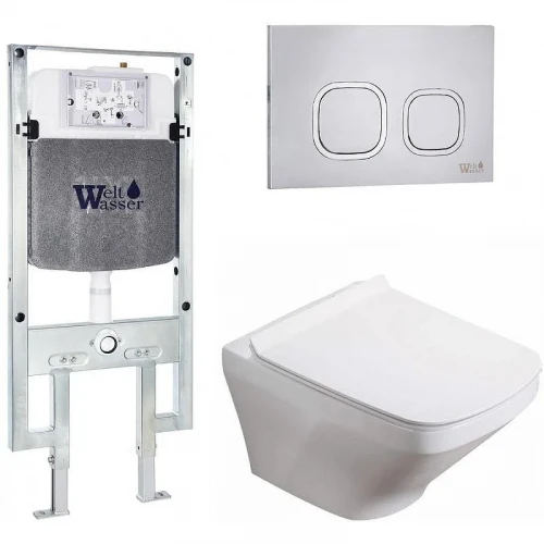 Комплект унитаза с инсталляцией WeltWasser AMBERG 497 ST + HOFBACH 041 GL-WT + AMBERG RD-MT CR 10000011654 цвет Белый глянцевый с сиденьем Микролифт и клавишей смыва цвет Хром матовый