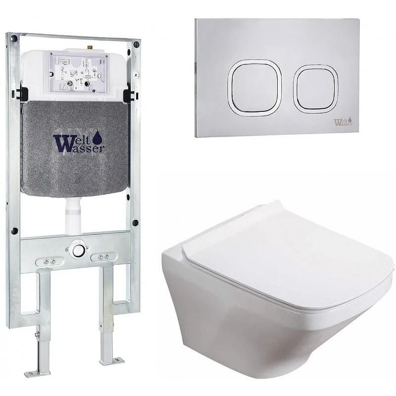 Комплект унитаза с инсталляцией WeltWasser AMBERG 497 ST + HOFBACH 041 GL-WT + AMBERG RD-MT CR 10000011654 цвет Белый глянцевый с сиденьем Микролифт и клавишей смыва цвет Хром матовый