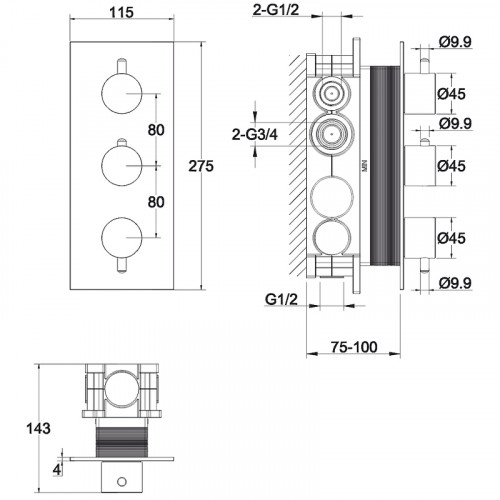 Смеситель для душа Whitecross Y gunmetal Y1238GM с термостатом Оружейная сталь латунь встраиваемый