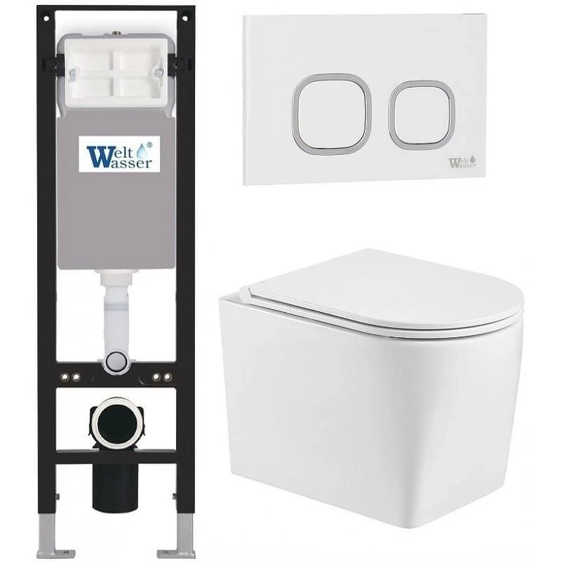 Комплект унитаза с инсталляцией WeltWasser AMBERG 350 + NESENBACH 004 GL-WT + AMBERG RD-WT 10000012397 цвет Белый глянцевый с сиденьем Микролифт и клавишей смыва цвет Белый