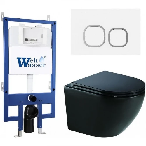 Комплект унитаза с инсталляцией WeltWasser BAMBERG 545 + MERZBACH 041 XL MT-BL + BAMBERG WT 10000012877 цвет Черный матовый с сиденьем Микролифт и клавишей смыва цвет Белый