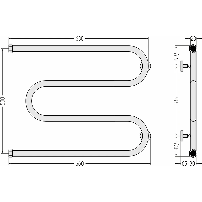 Водяной полотенцесушитель Сунержа М-образный+ 500х650 00-4007-5065 Хром нержавеющая сталь