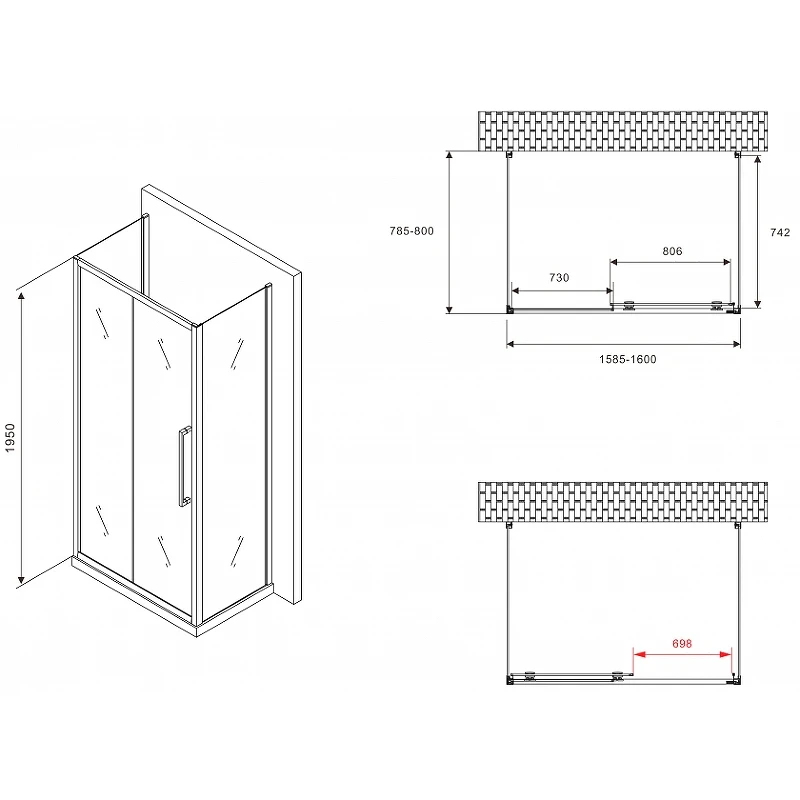 Душевой уголок Abber Schwarzer Diamant 160x80 AG30160BMH-S80BM-S80BM профиль Черный стекло матовое