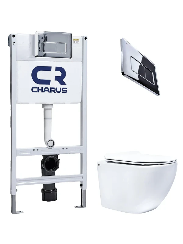 Комплект унитаза с инсталляцией Charus SET.200.120W.21.1 цвет Белый с сиденьем Микролифт и клавишей смыва цвет Хром глянцевый