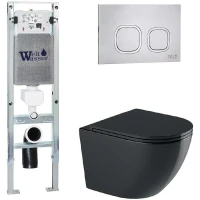 Комплект унитаза с инсталляцией WeltWasser AMBERG 350 ST + MERZBACH 043 GL-BL + AMBERG RD-MT CR 10000012173 цвет Черный глянцевый с сиденьем Микролифт и клавишей смыва цвет Хром матовый