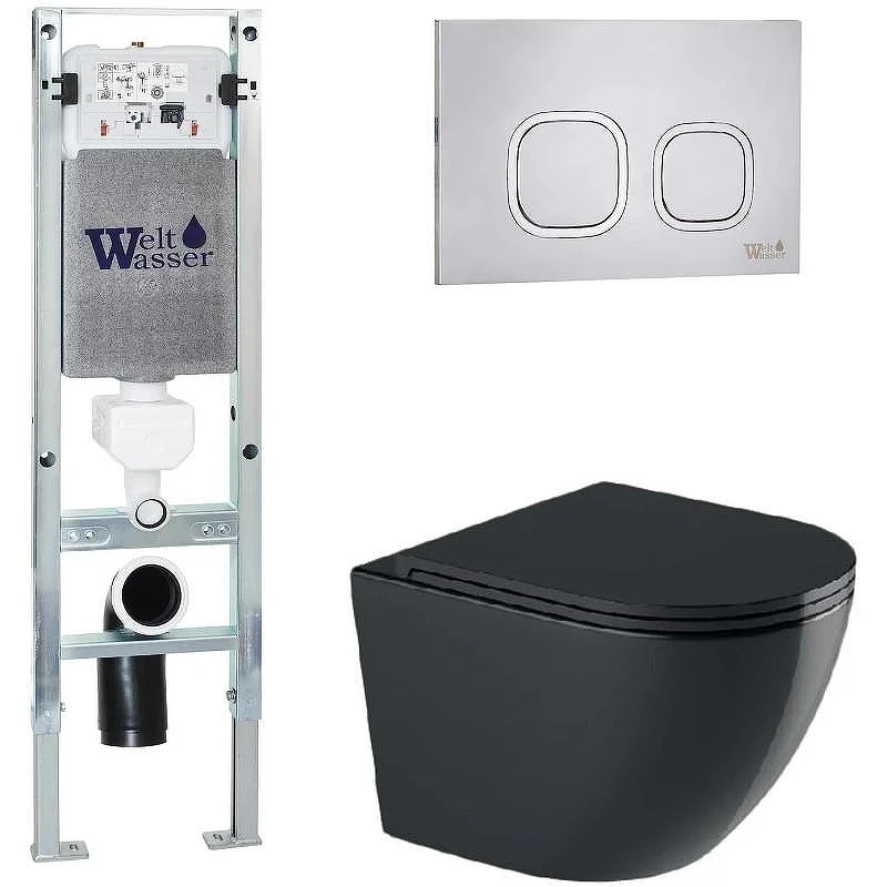 Комплект унитаза с инсталляцией WeltWasser AMBERG 350 ST + MERZBACH 043 GL-BL + AMBERG RD-MT CR 10000012173 цвет Черный глянцевый с сиденьем Микролифт и клавишей смыва цвет Хром матовый