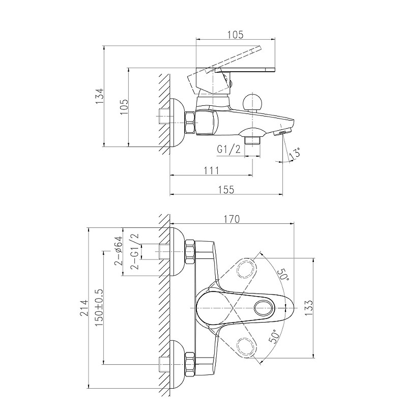 Смеситель для ванны Cersanit Cari 64512 Хром латунь на стену