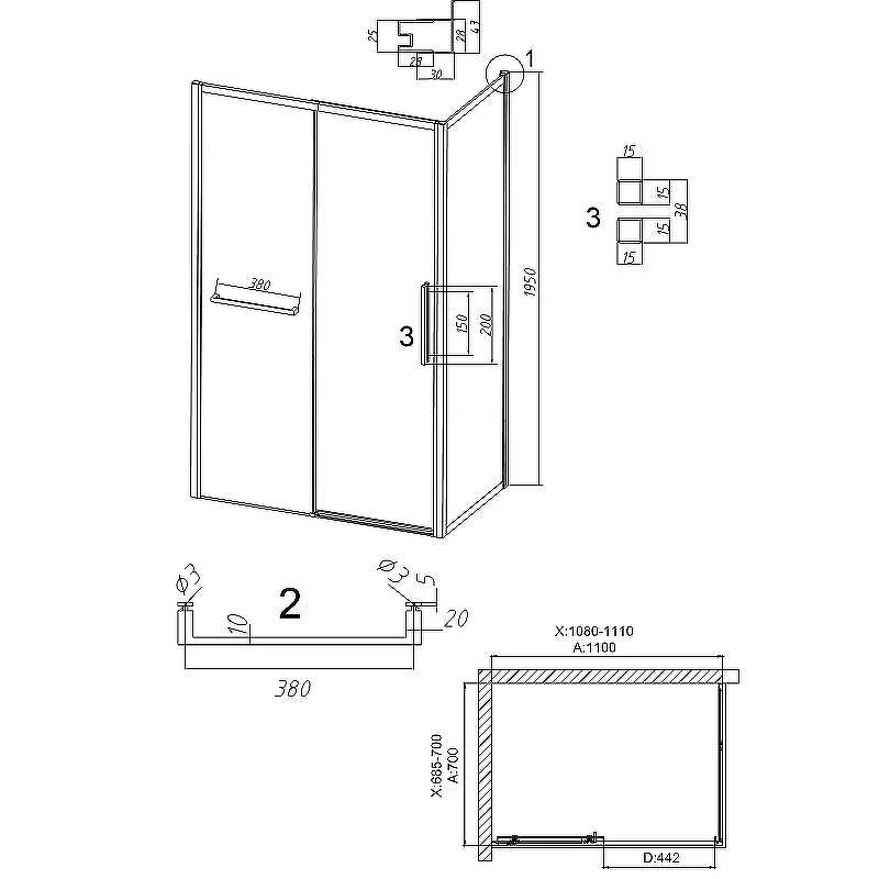 Душевой уголок Grossman Style 110х70 120.K33.05.1170.10.02 профиль Хром стекло шиншилла