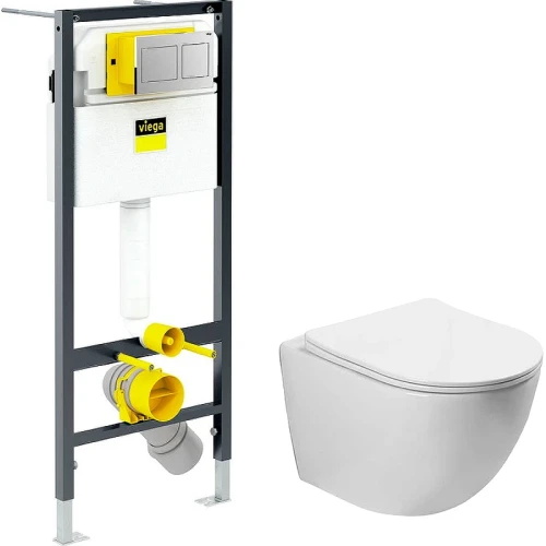 Комплект унитаза Vincea Globo VT1-14S с инсталляцией Viega Prevista Dry 8524.14 792596 с сиденьем Микролифт и клавишей смыва Хром фарфор подвесной