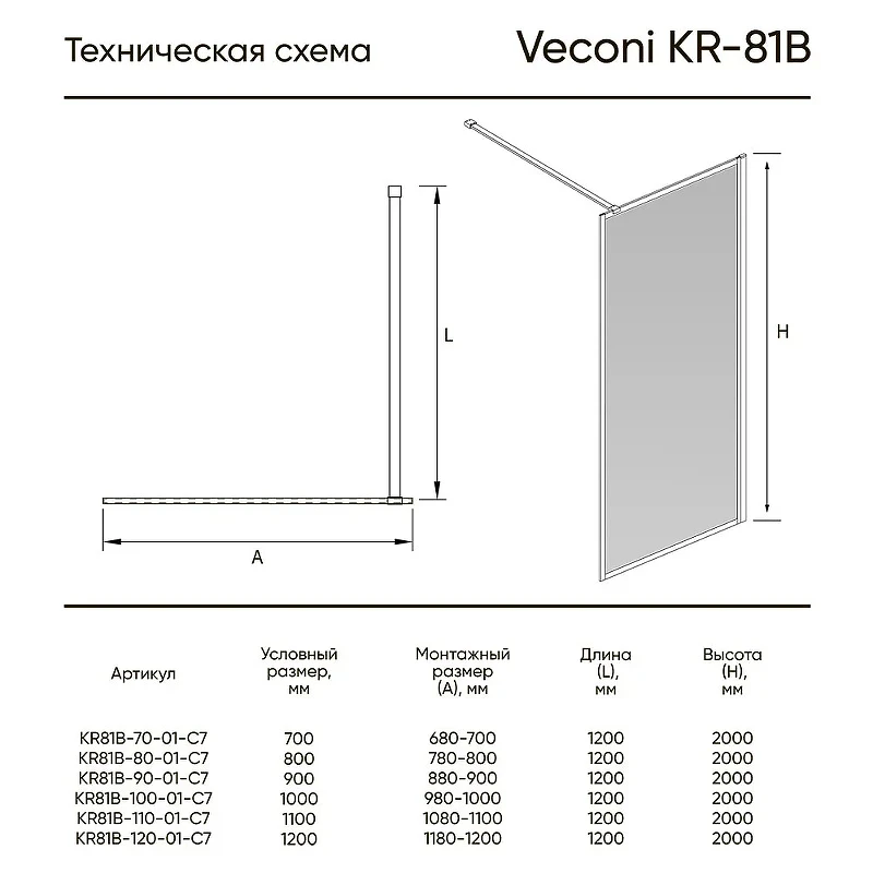 Душевая перегородка Veconi Korato KR-81В 100 KR81B-100-01-C7 профиль Черный матовый стекло прозрачное