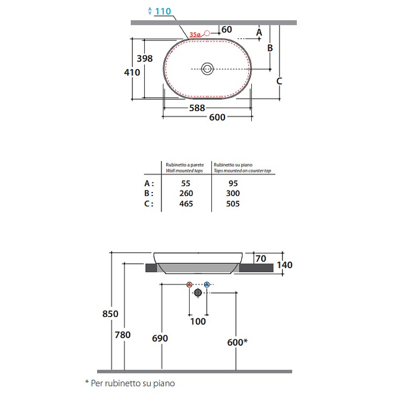 Раковина Globo T-Edge 60 B6O61.BI*0 Белая фарфор полувстраиваемая