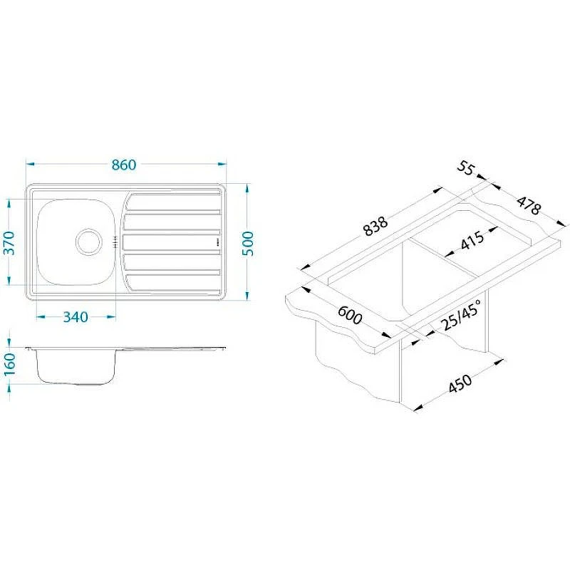 Кухонная мойка Alveus Zoom 30 NAT-90 860x500 1098773 Натуральная сталь нержавеющая сталь встраиваемый