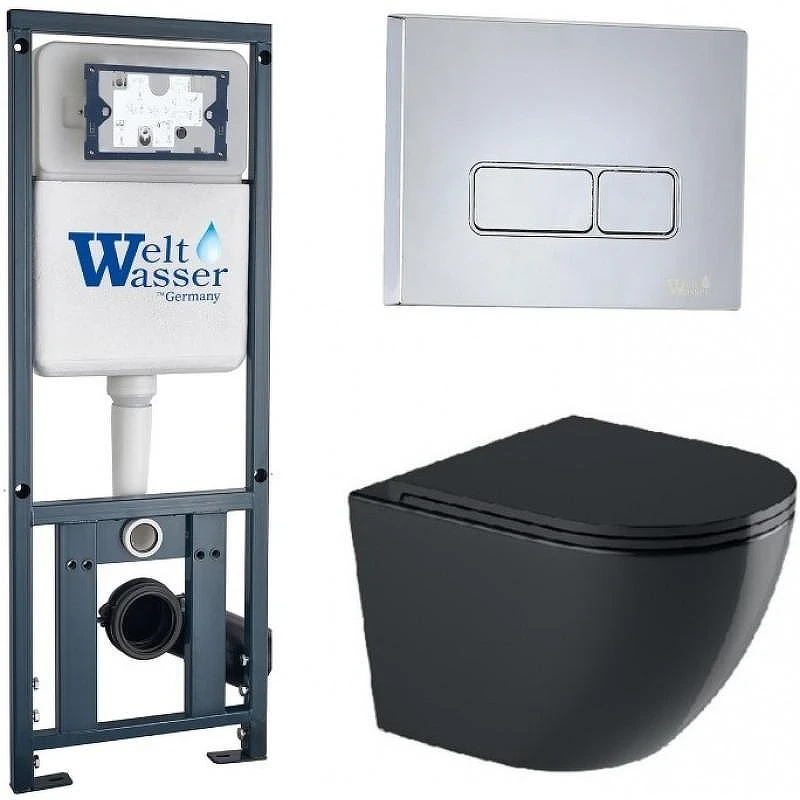 Комплект унитаза с инсталляцией WeltWasser MARBERG 410 + MERZBACH 043 GL-BL + MAR 410 SE-CR 10000012196 цвет Черный глянцевый с сиденьем Микролифт и клавишей смыва цвет Хром