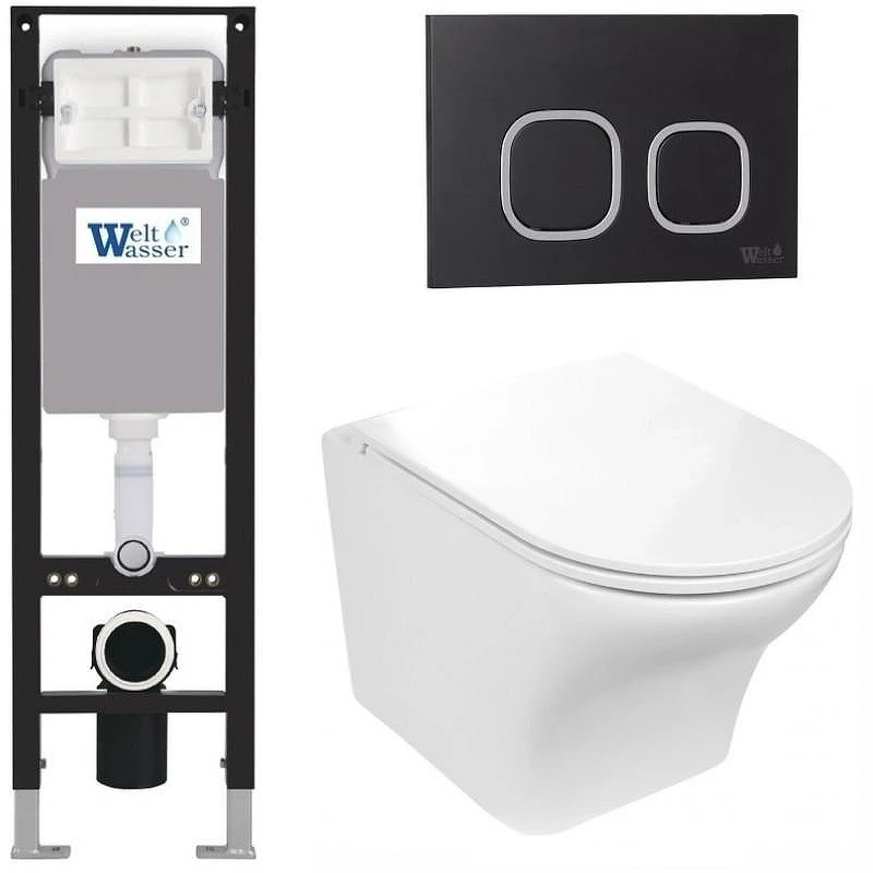 Комплект унитаза с инсталляцией WeltWasser AMBERG 350 + ODENBACH 004 GL-WT + AMBERG RD-BL 10000012399 цвет Белый глянцевый с сиденьем Микролифт и клавишей смыва цвет Черный