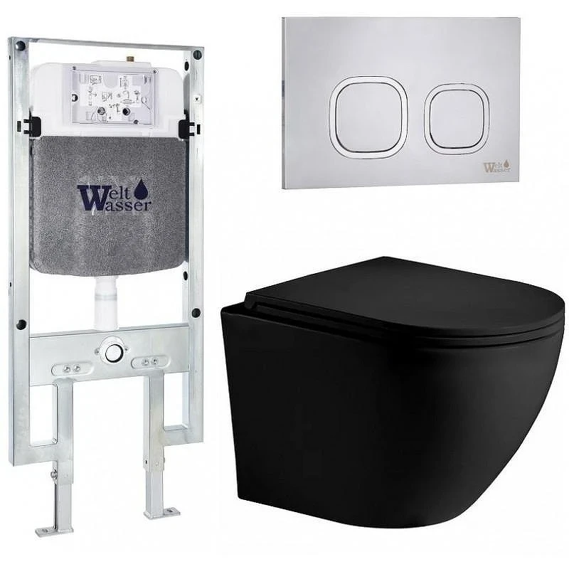 Комплект унитаза с инсталляцией WeltWasser AMBERG 497 ST + MERZBACH 043 XL MT-BL + AMBERG RD-MT CR 10000014114 цвет Черный матовый с сиденьем Микролифт и клавишей смыва цвет Хром матовый