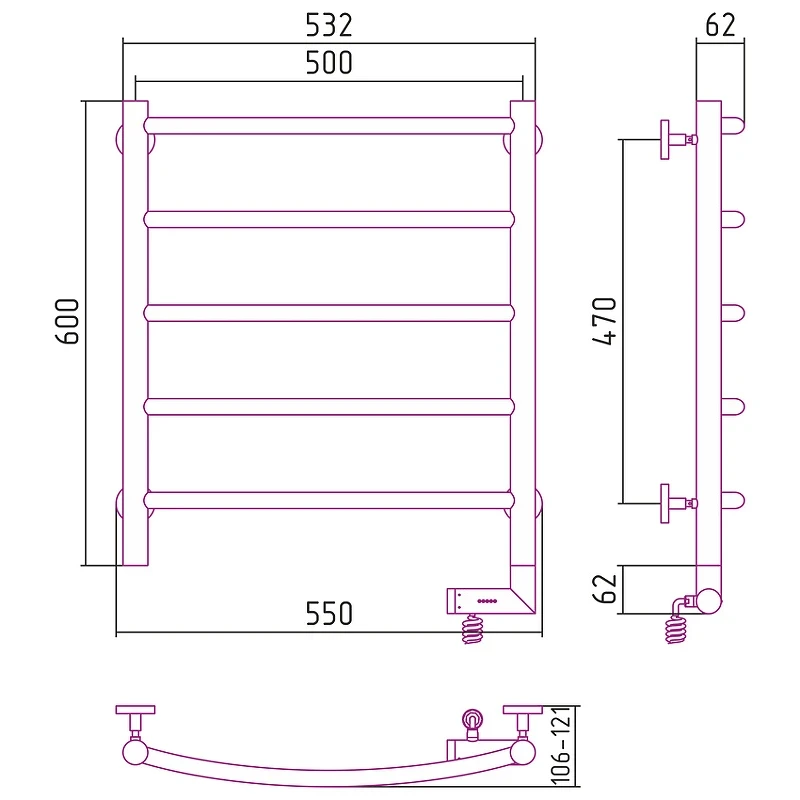 Электрический полотенцесушитель Сунержа Галант 2.0 600x500 R 15-5201-6050 Темный титан муар нержавеющая сталь
