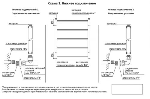 Водяной полотенцесушитель Terminus Латте П11 500х1000 4670078530707 Хром, нижнее подключение, G 1/2" ВР, с комплектом вентилей нержавеющая сталь